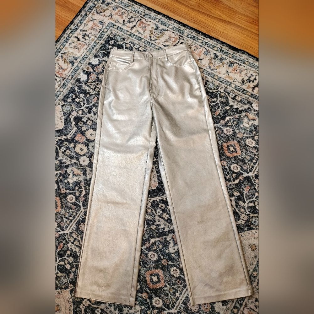 WAYF Women's Five (5) Pocket Silver Metallic Vegan Leather Pants. Size M. NWOT!